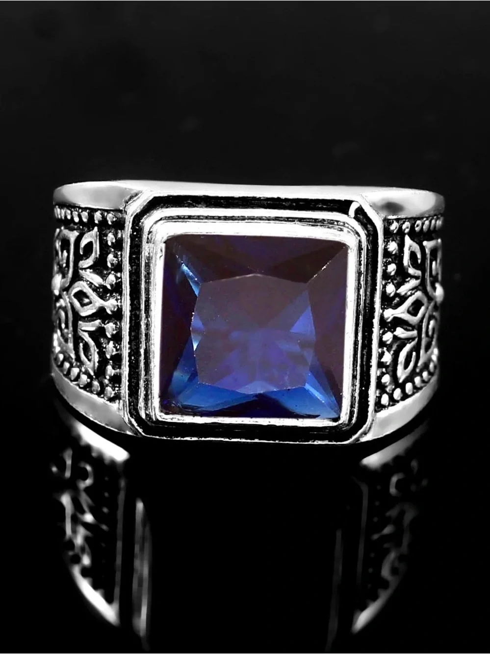 Men's 925 Silver Ring with Blue Square Gem